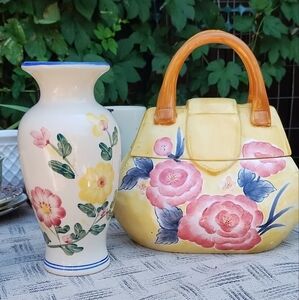 Floral purse cookie jar  and floral vase (2 pieces)